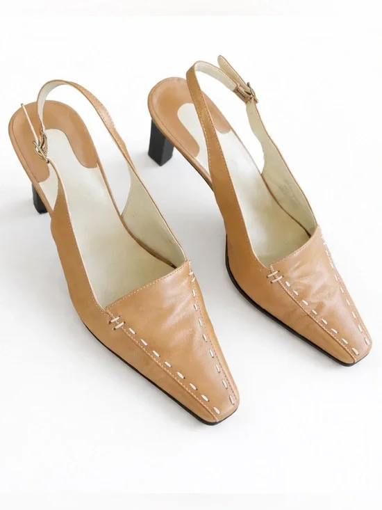 Franco Sarto Slingback Heels Tan Leather Square Toe Size 8 Chic - Picture 2 of 13